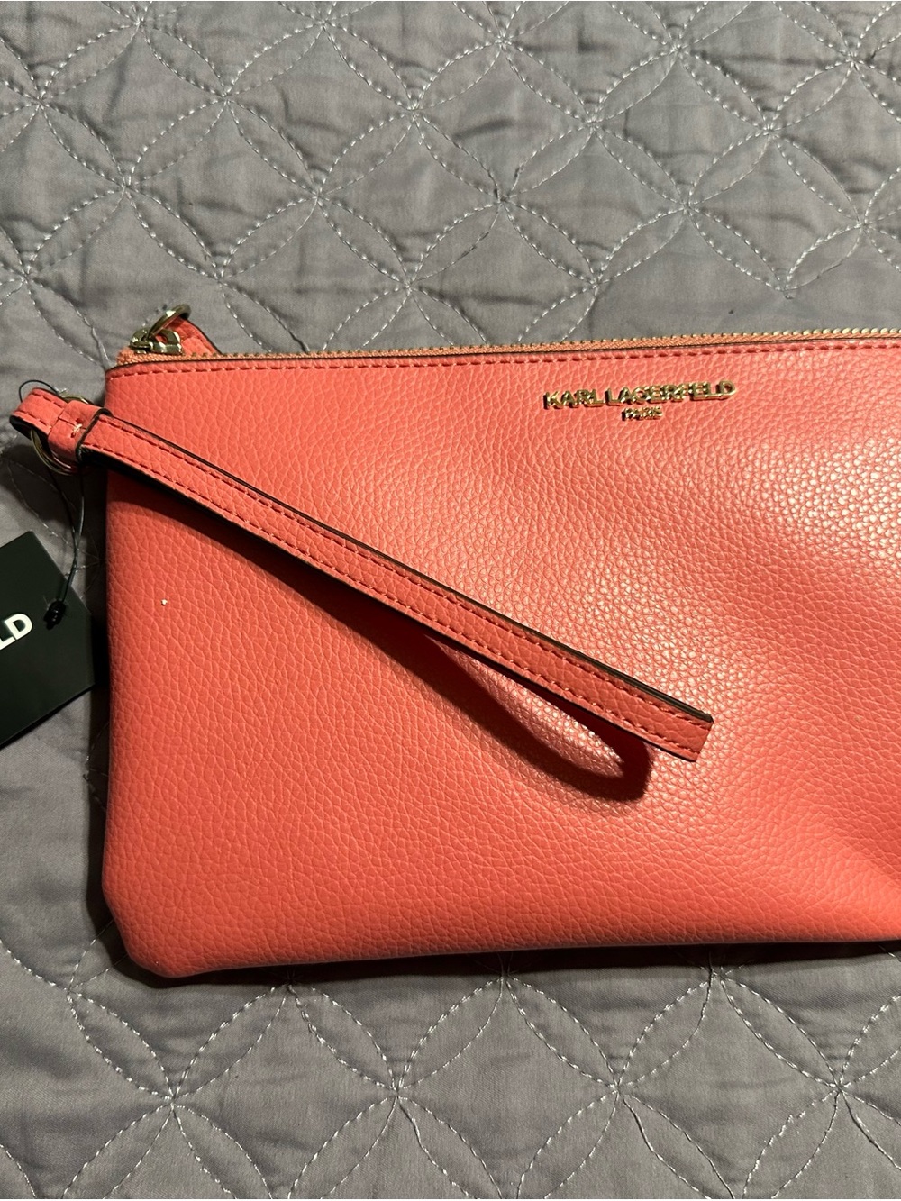 Karl Lagerfeld Coral Pink Pebble Leather Wristlet